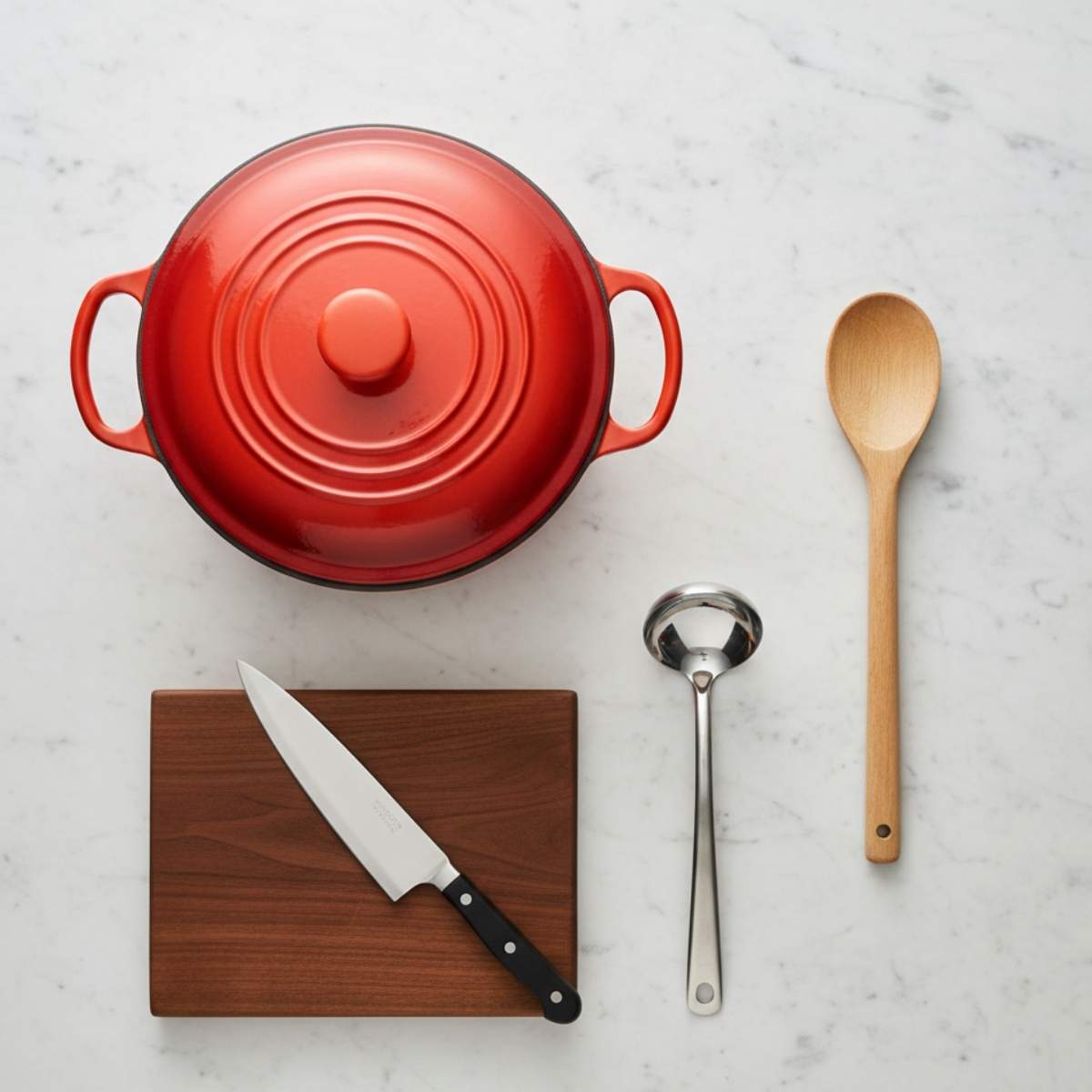 Essential equipment for white chicken chili including a Dutch oven, wooden spoon, ladle, chef’s knife, and cutting board on marble.