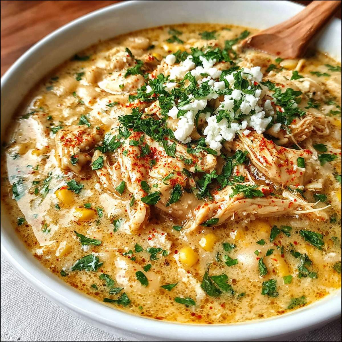 Close-up of white chicken chili showing creamy broth, shredded chicken, white beans, corn, fresh herbs, and crumbled cheese