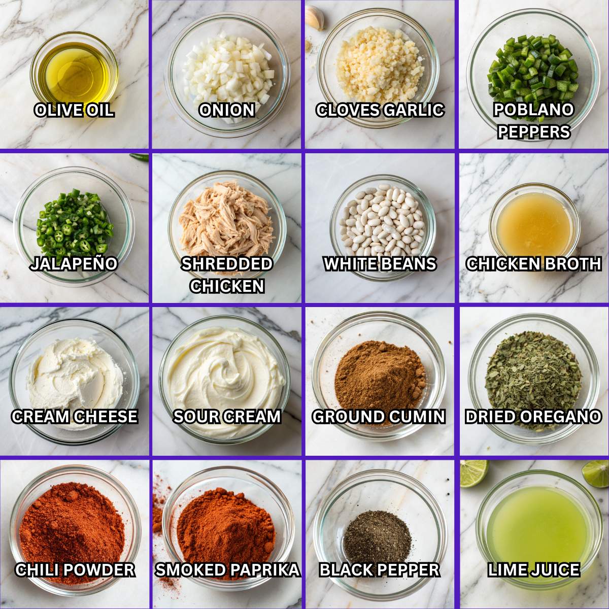 White chicken chili ingredients including shredded chicken, white beans, cream cheese, poblano peppers, garlic, spices, and broth on marble