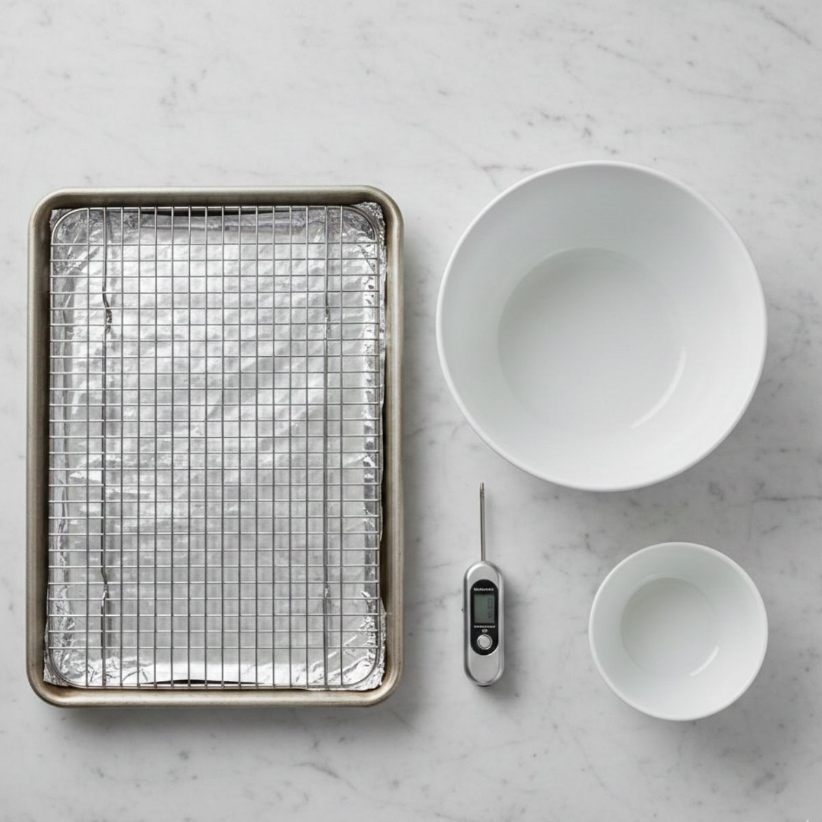 Baking tray, bowls, thermometer arranged.