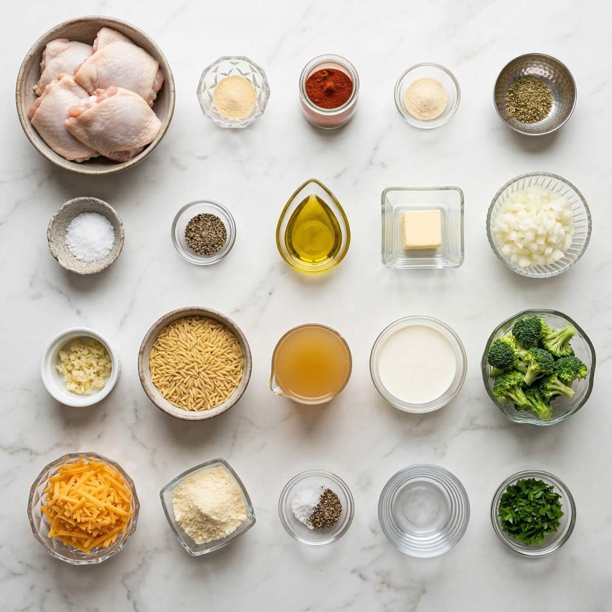 chicken thighs cheesy broccoli orzo ingredients