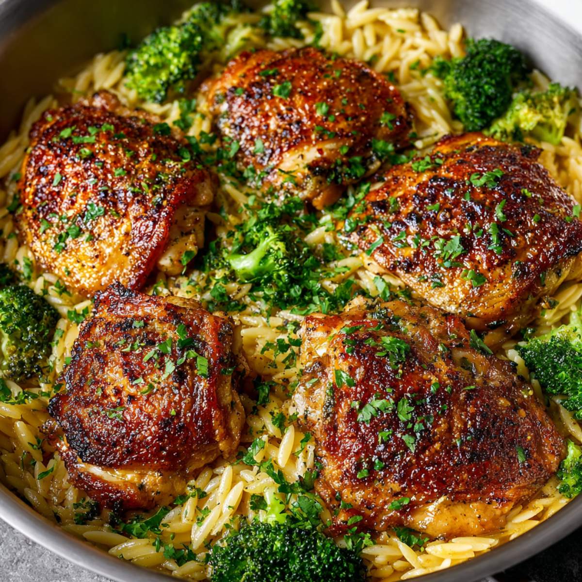 chicken thighs cheesy broccoli orzo